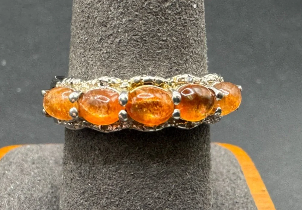 Vtg 925 Sterling Silver Sunstone Cabochon Multi Stone Ring Orange 5-Stone Sz 9